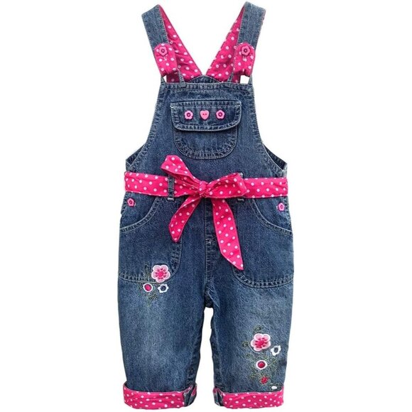 3months-3Years Baby Girls Denim Overalls Embroidery Bib Pants Jeans Jumpsuit - Picture 1 of 9